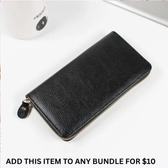 $10 ADD ON ITEM- Classic Long Black PU Leather Wallet with Zipper Closure - Picture 1 of 5